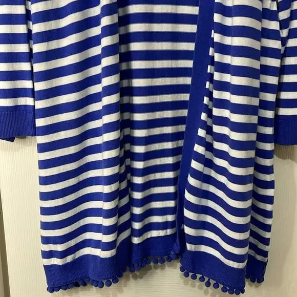 Talbots Blue White Stripe Coastal Lightweight Open Front Cardigan Pom Pom 3XP - Picture 7 of 8